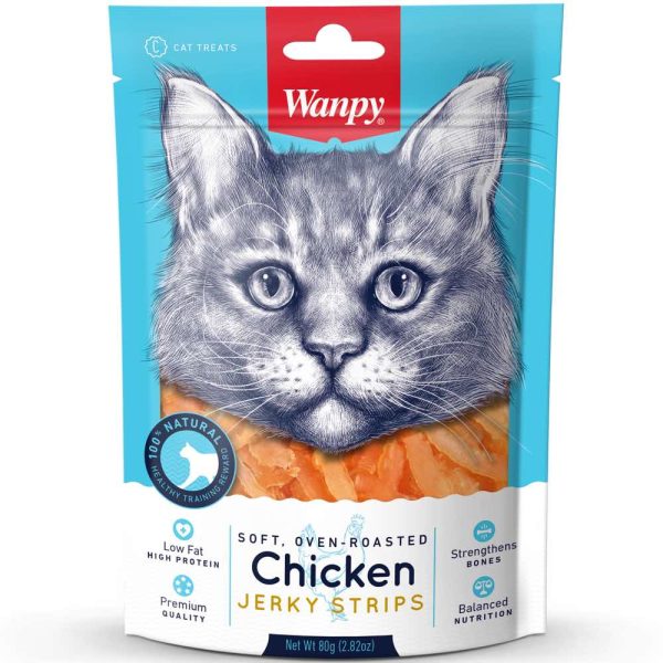 3 FOR $9.90: Wanpy Soft Oven-Roasted Chicken Jerky Strips Cat Treats 80g For Sale