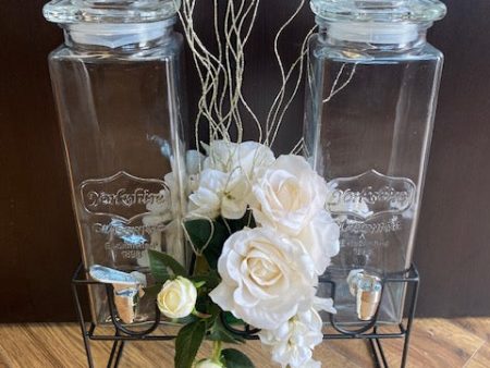 Beverage Dispenser Set of 2 With Black Metal Stand and flower arrangement Discount